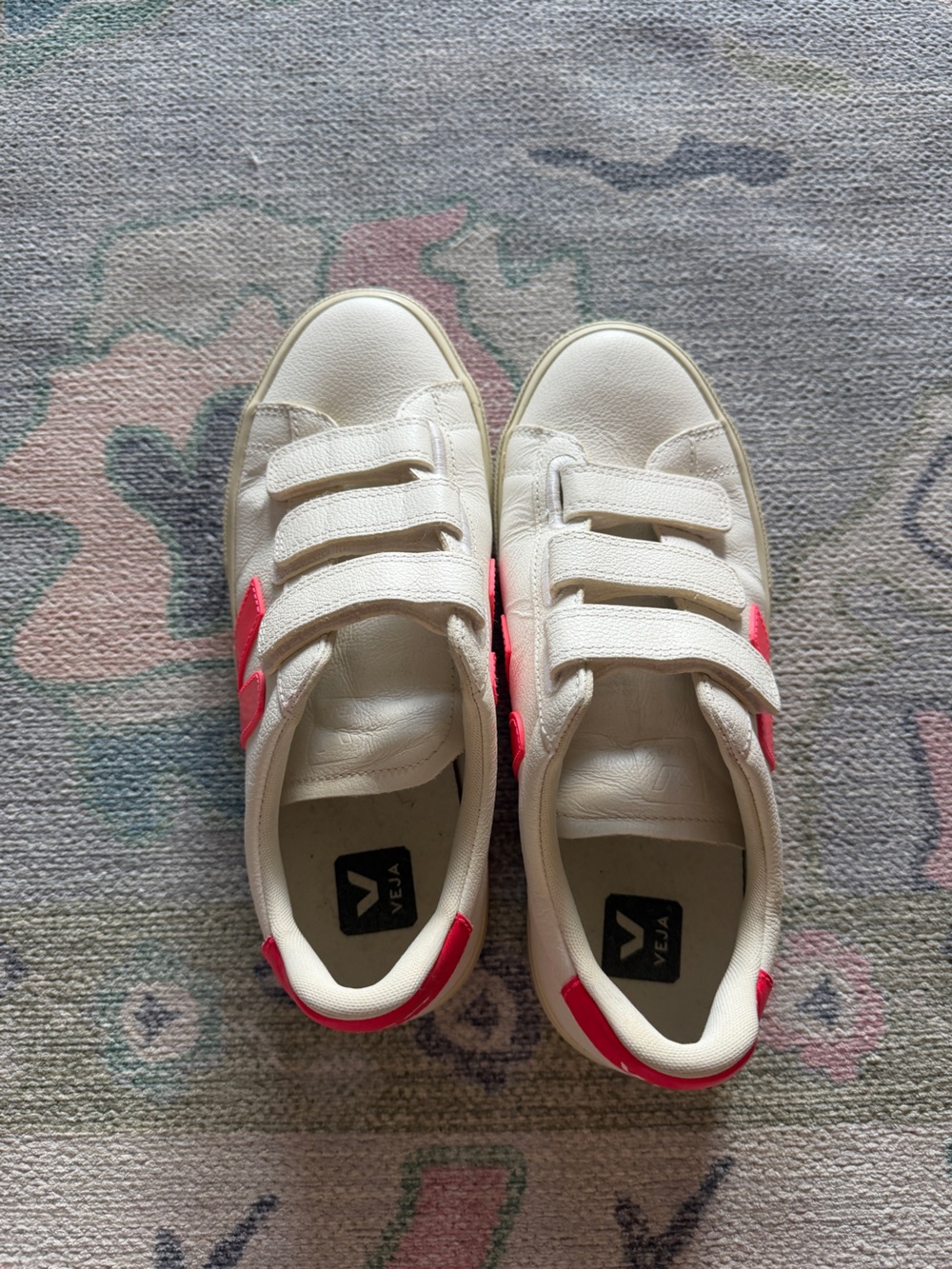 Veja Women's White Sneakers with Pink Accents - Velcro Straps